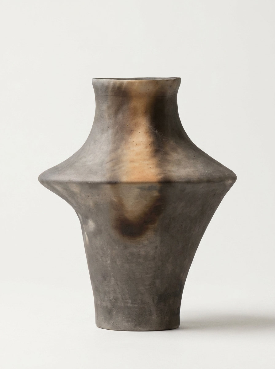 Brim Vase, ceramic vase in charcoal grey with warm amber tonal accents