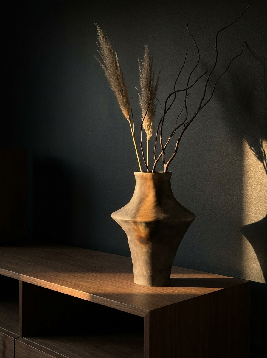 Brim Vase, charcoal grey ceramic vase with amber tonal accents, alternate view