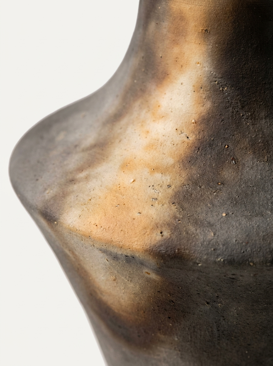 Brim Vase, charcoal grey and amber ceramic vase, close-up detail
