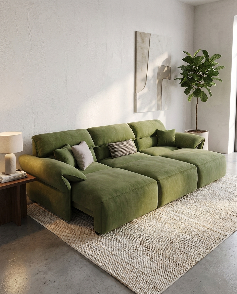 Davn Reclining Sofa in Moss Olive, styled in a modern living room with plant and lamp