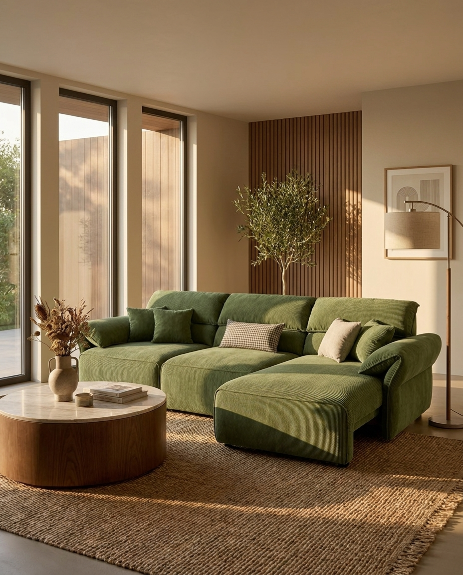 Davn Reclining Sofa in Moss Olive, styled in a modern living room with large windows