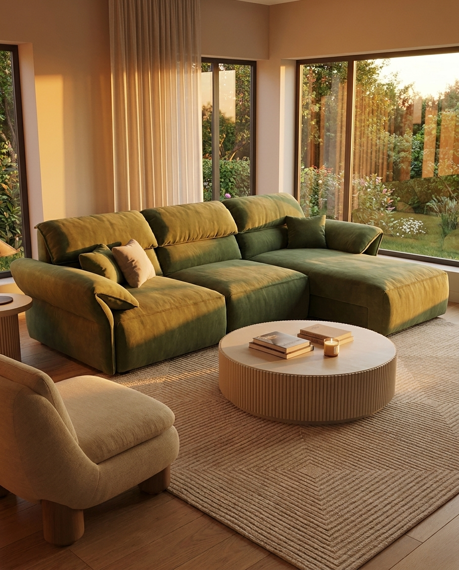 Davn Reclining Sofa in Moss Olive, styled with beige armchair in modern living room
