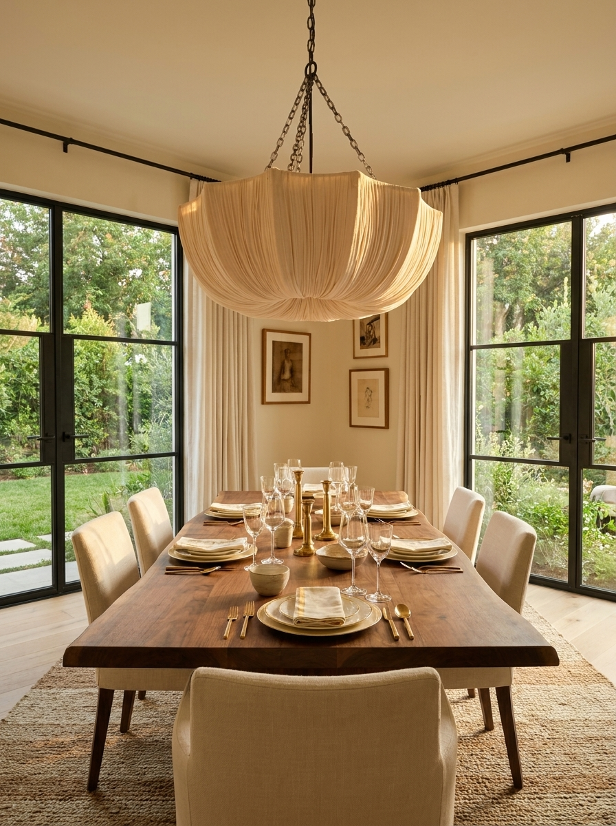 Dimma pendant light styled above a dining table