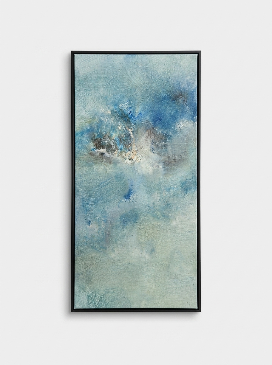 Dypet Abstract Canvas, hand-painted oil artwork in deep blue, turquoise and soft white with matte black aluminum frame