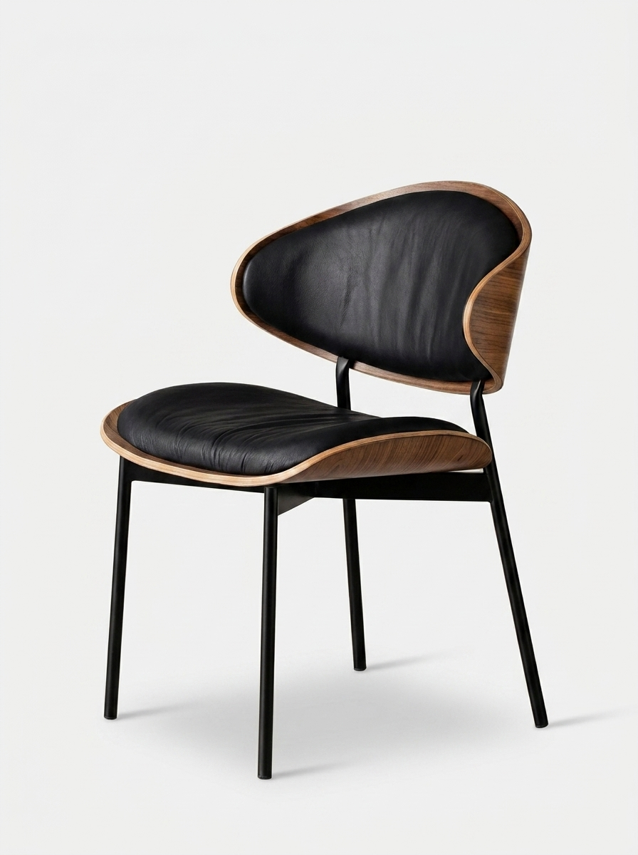 Eik Dining Chair, black leather seat and backrest, front view