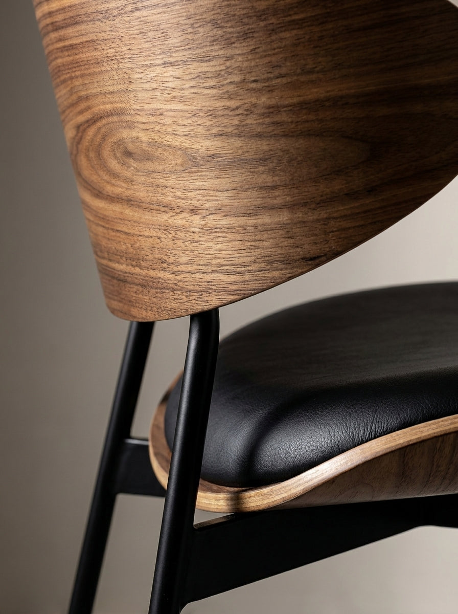 Eik Dining Chair, walnut and black seat, angled view