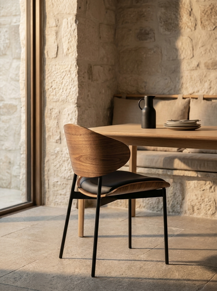 Eik Dining Chair, styled in a stone-walled room