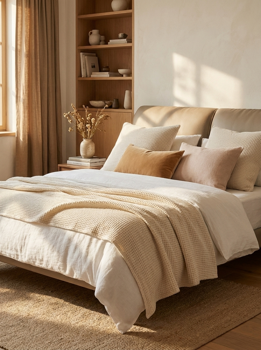 Eldrin Bed, top-grain leather headboard, close-up view