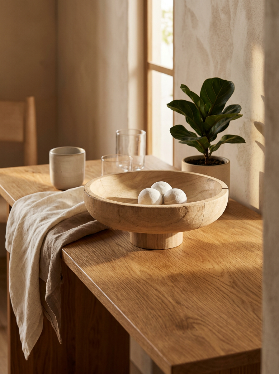Fata wooden pedestal bowl, detail view of paulownia wood grain
