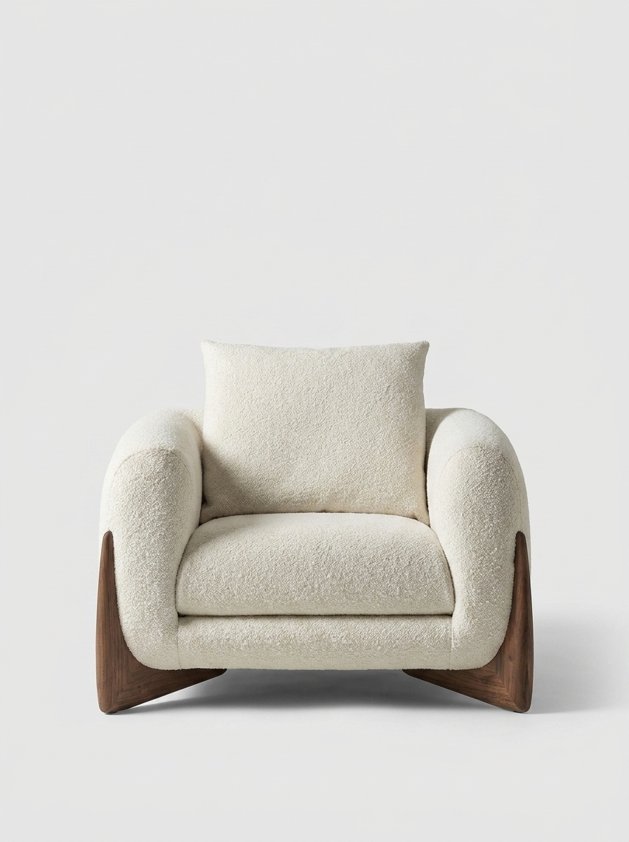 Favn Lounge Armchair in Bone Cream, bouclé armchair on solid ash wood base