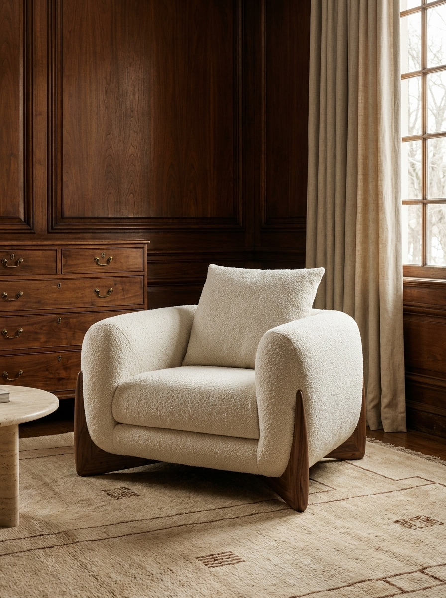 Favn Lounge Armchair in Bone Cream, styled in a room with wooden furniture and large windows