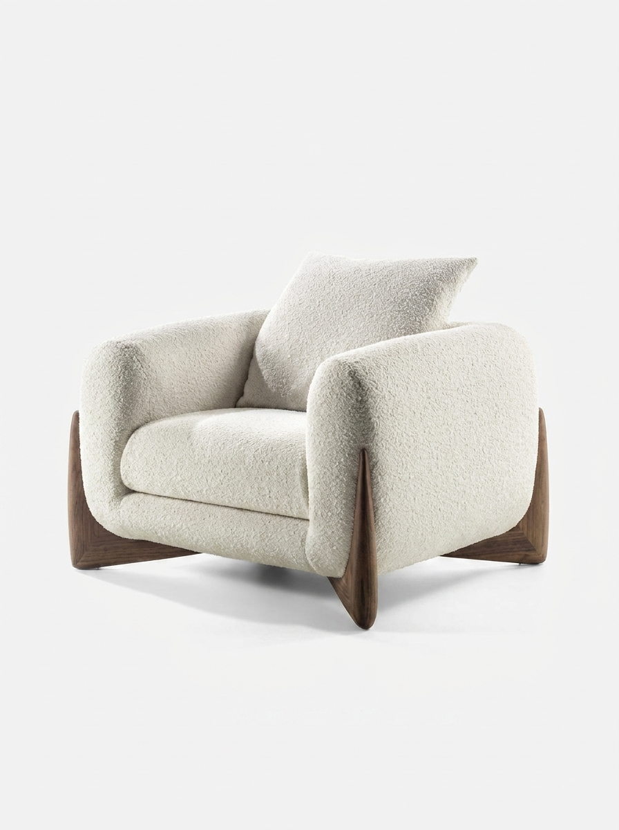 Favn Lounge Armchair in Bone Cream, front view with wooden legs