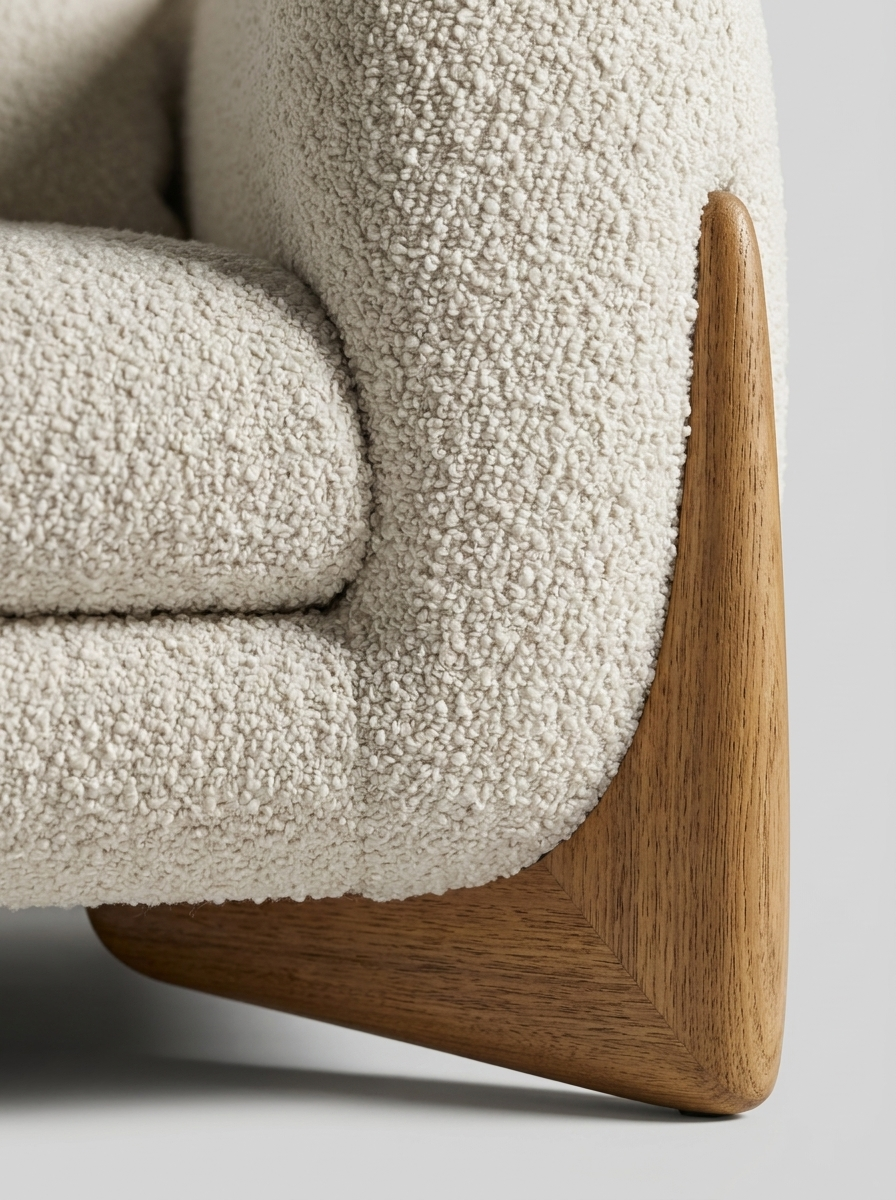 Favn Lounge Armchair, close-up of bouclé texture and wooden armrest