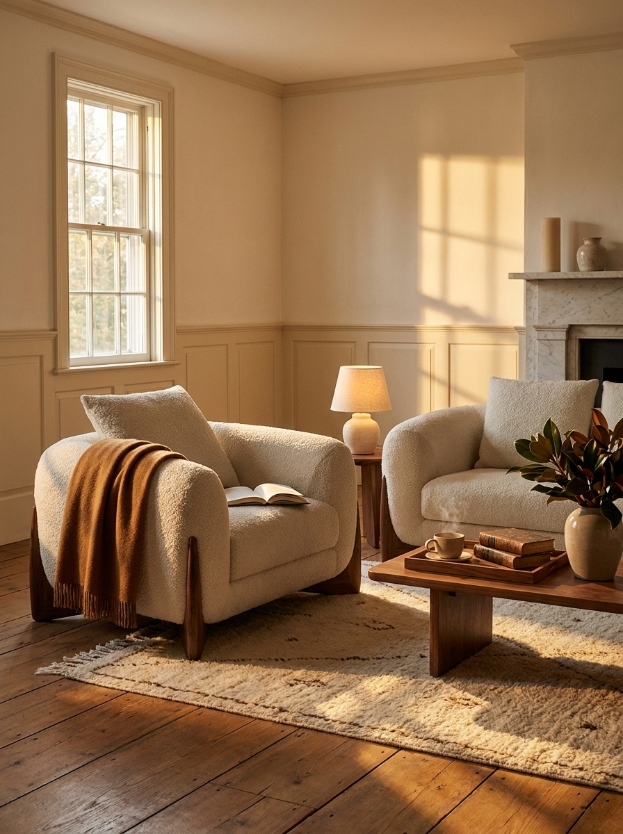 Favn Lounge Armchair in Bone Cream, styled in a living room with wooden coffee table