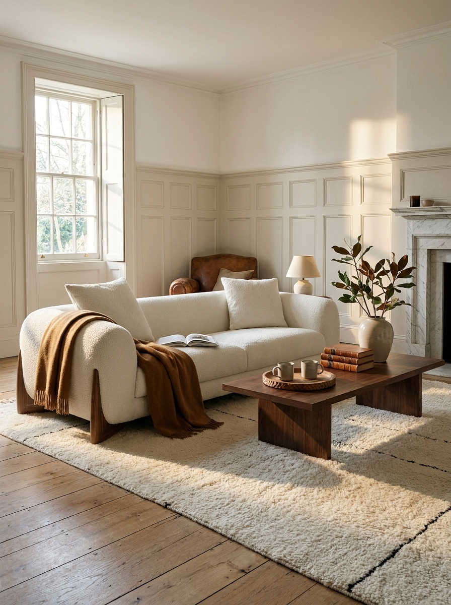 Favn Lounge Sofa in Bone Cream, styled in a living room with wooden coffee table
