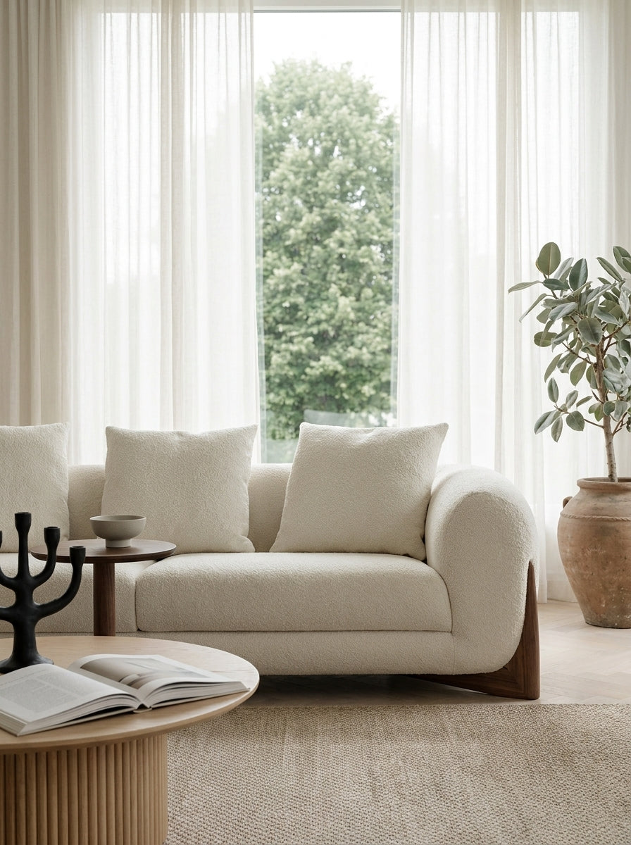 Favn Lounge Sofa in Bone Cream, styled in a living room with large windows and plant