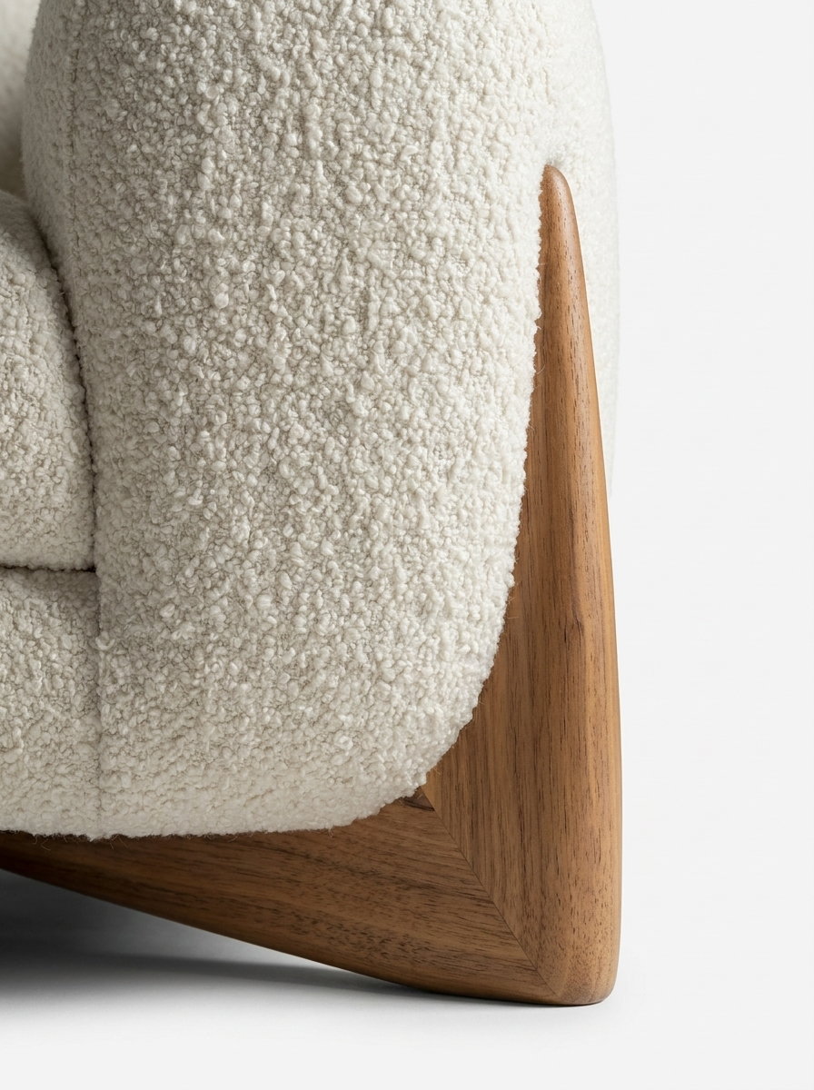 Favn Lounge Sofa, close-up of bouclé corner with solid ash wood leg cradle