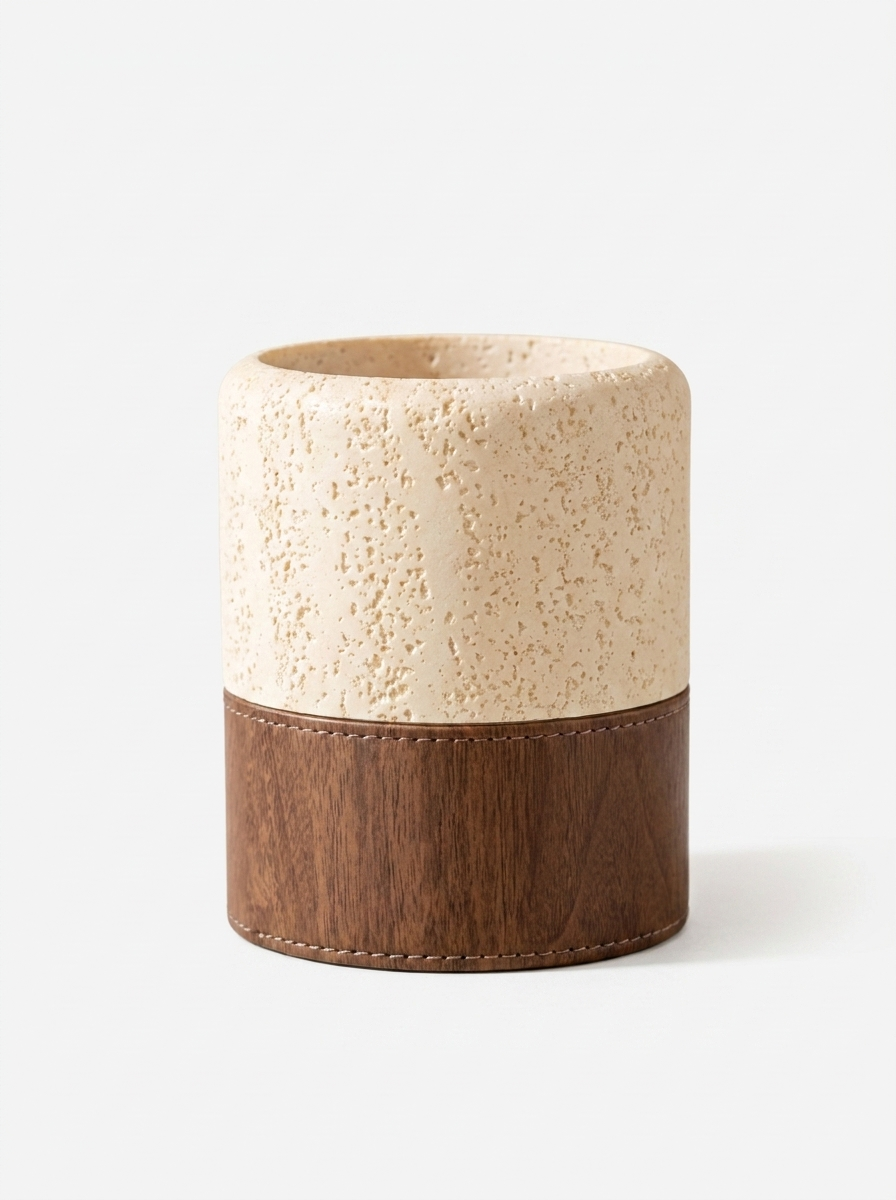 Fenna Pencil Holder, pencil holder in engineered travertine composite with walnut-grain base