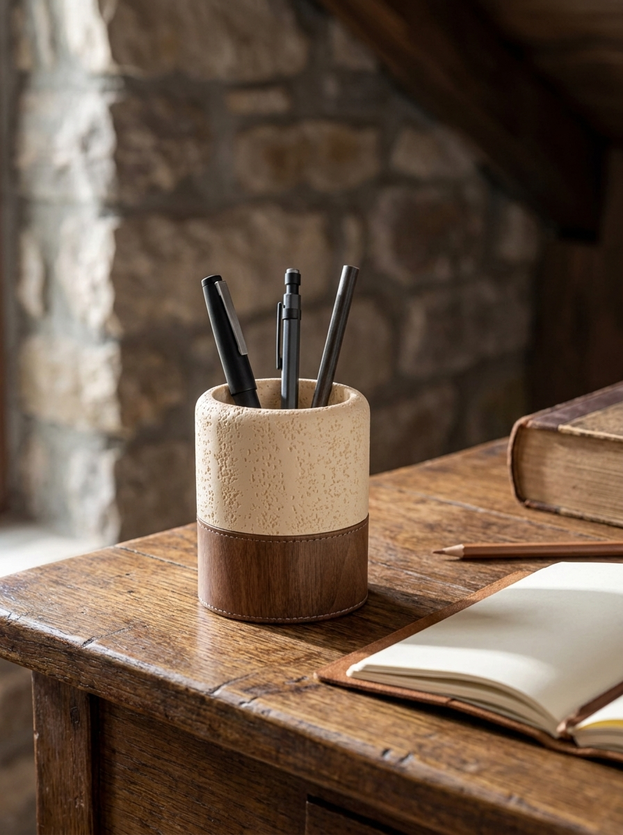 Fenna Pencil Holder, travertine composite pencil holder, front view