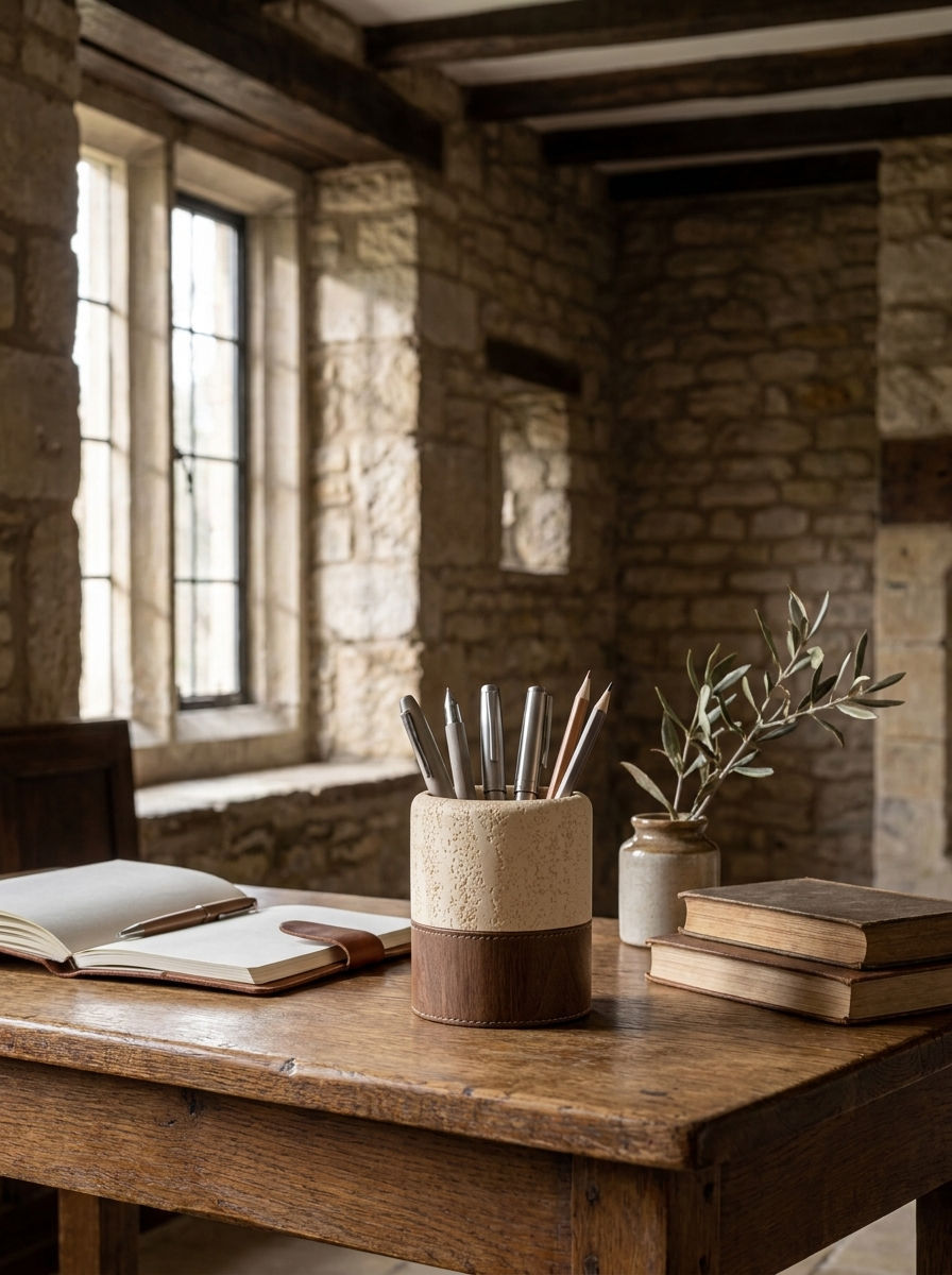 Fenna Pencil Holder, pencil holder in travertine composite, angled view