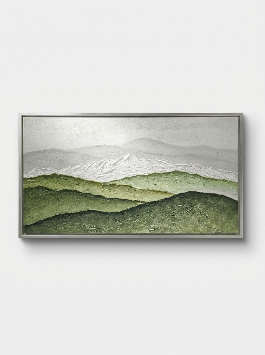 Fjell Mountain Canvas, layered relief artwork in snow white, deep green and misty grey with brushed silver aluminum frame