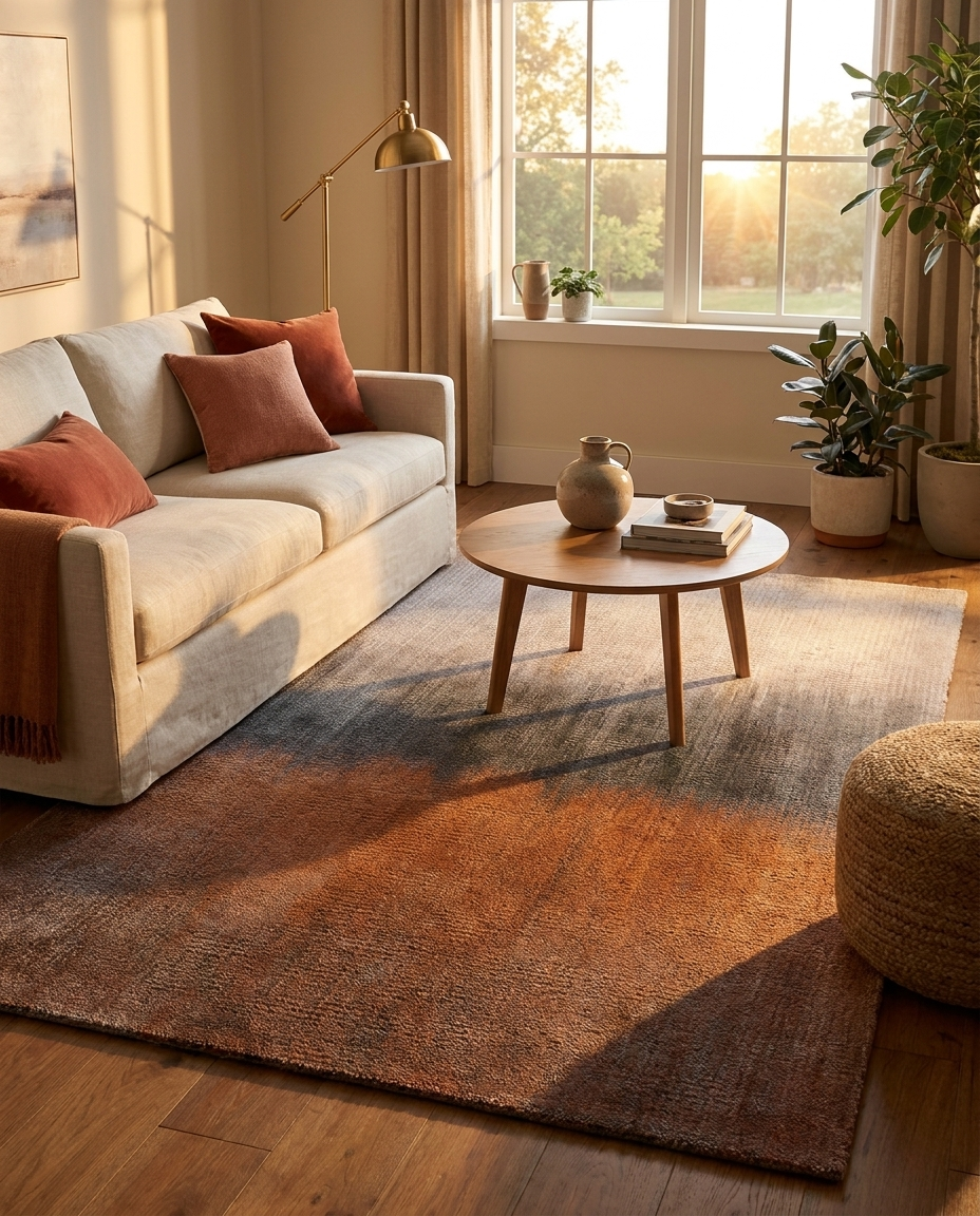Fohn Gradient Horizon Rug in Terra Horizon, styled in a living room with beige sofa