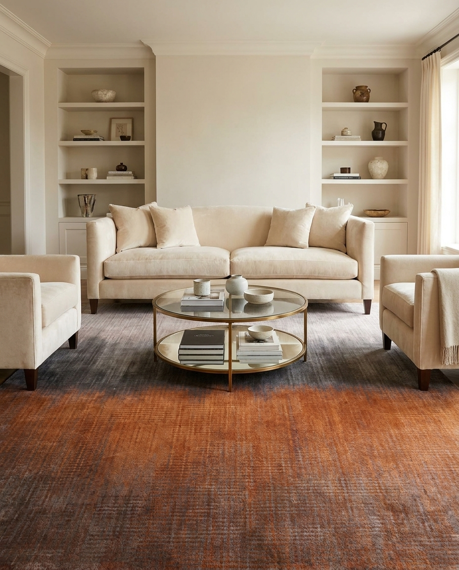 Fohn Gradient Horizon Rug in Terra Horizon, styled with sofas and round coffee table