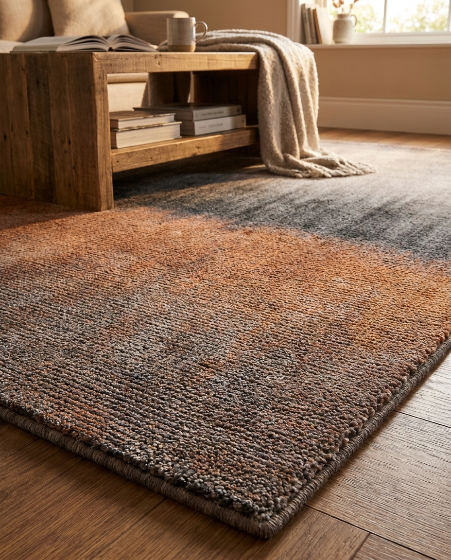 Fohn Gradient Horizon Rug in Terra Horizon, styled on a wooden floor with side table