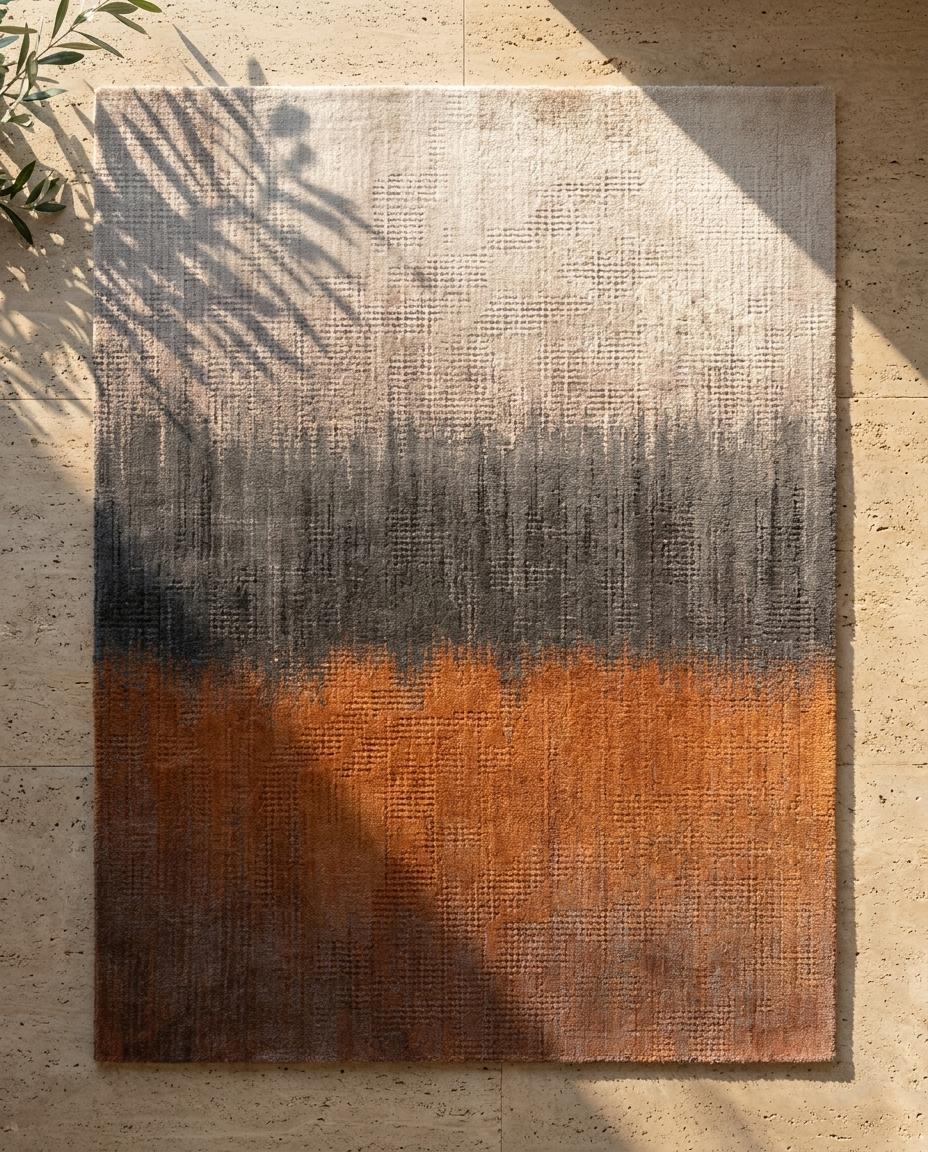 Fohn Gradient Horizon Rug in Terra Horizon, gradient design on stone floor