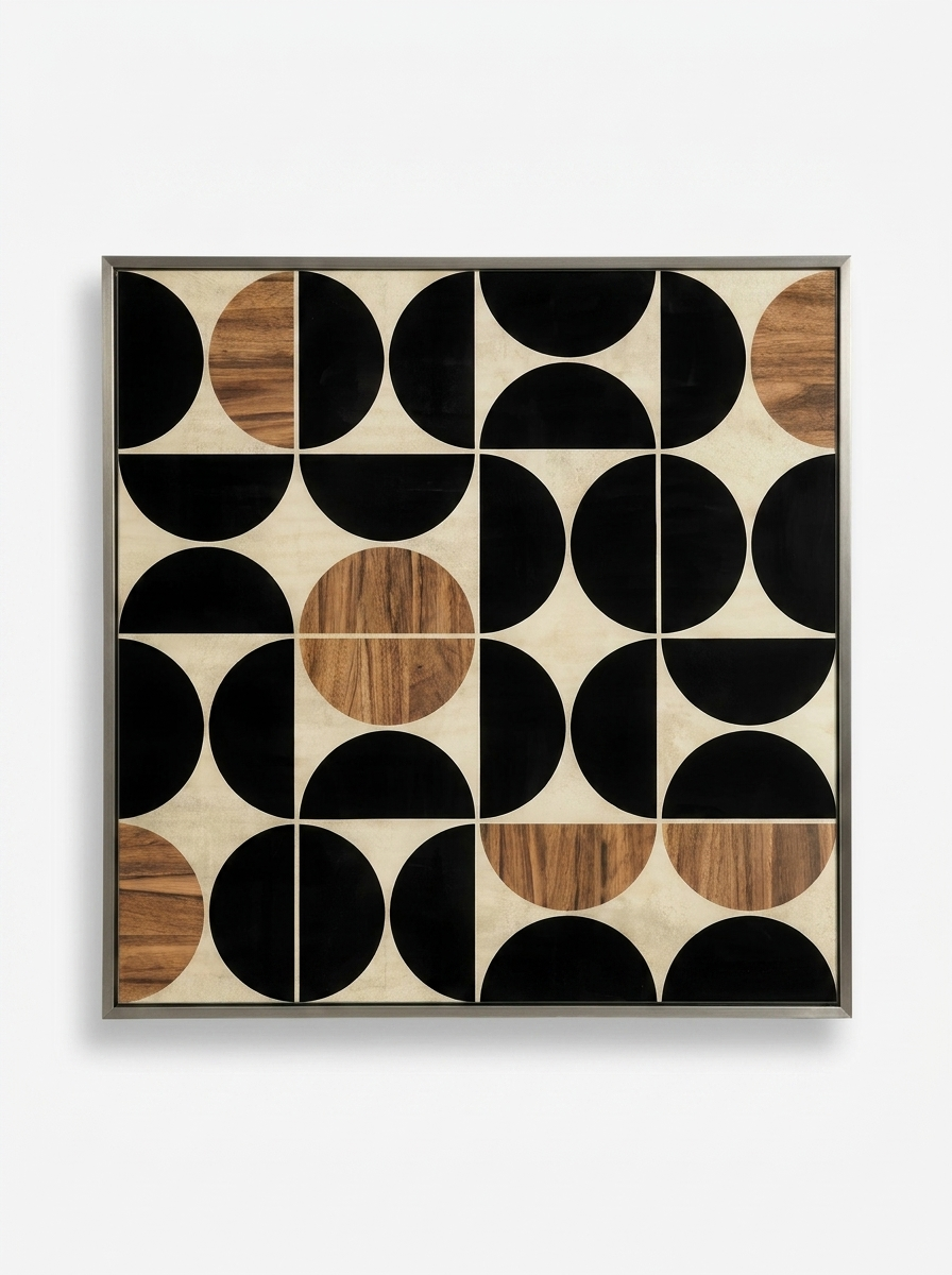 Form Wall Art, geometric circular design in black, cream and natural wood with brushed titanium frame
