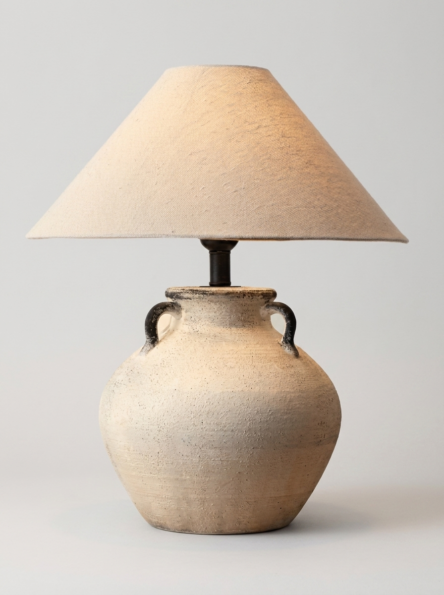 Glod table lamp with fabric shade and ceramic vessel body