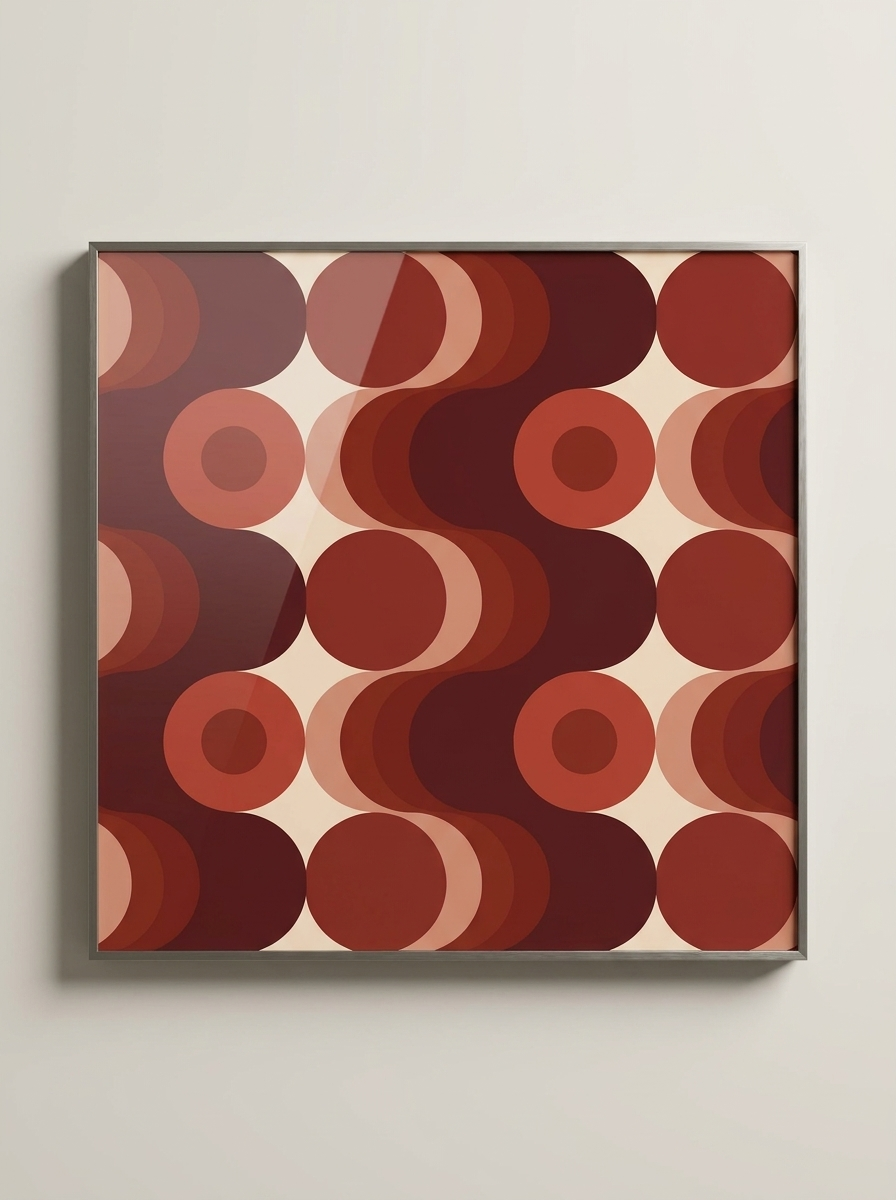 Glod Wall Art, geometric circular artwork in burgundy, terracotta and cream with brushed titanium frame