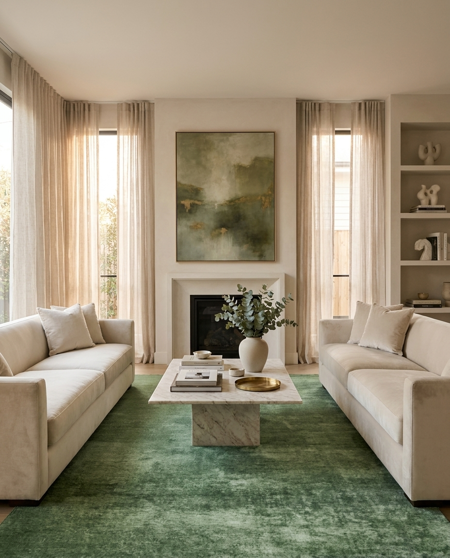 Gloss Liquid Luster Rug in Lichen Glow, styled in a modern living room with beige sofas