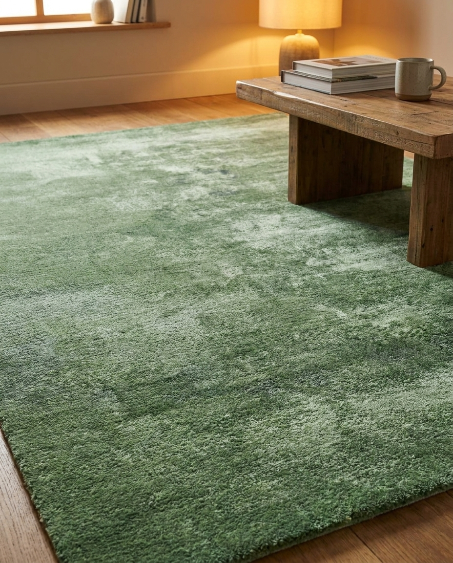 Gloss Liquid Luster Rug in Lichen Glow, styled on a wooden floor with wooden bench