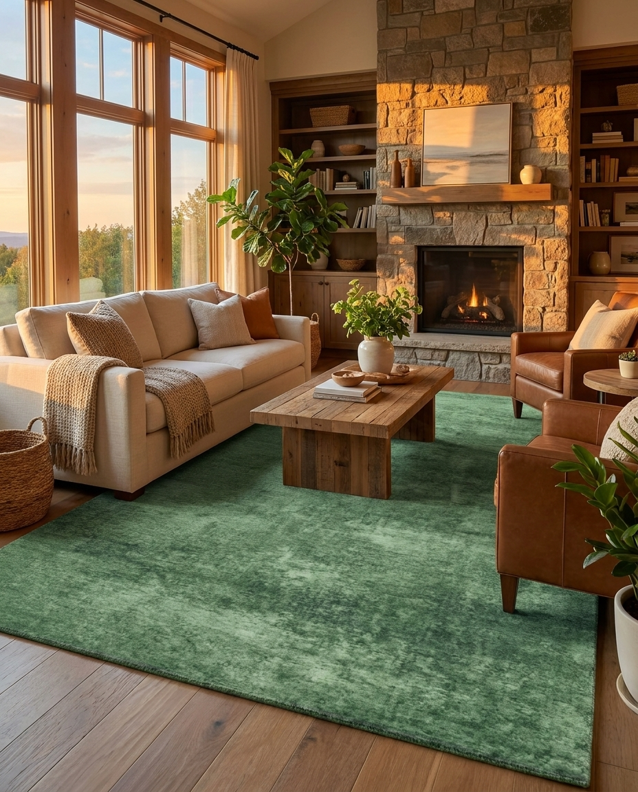 Gloss Liquid Luster Rug in Lichen Glow, styled in a living room with stone fireplace