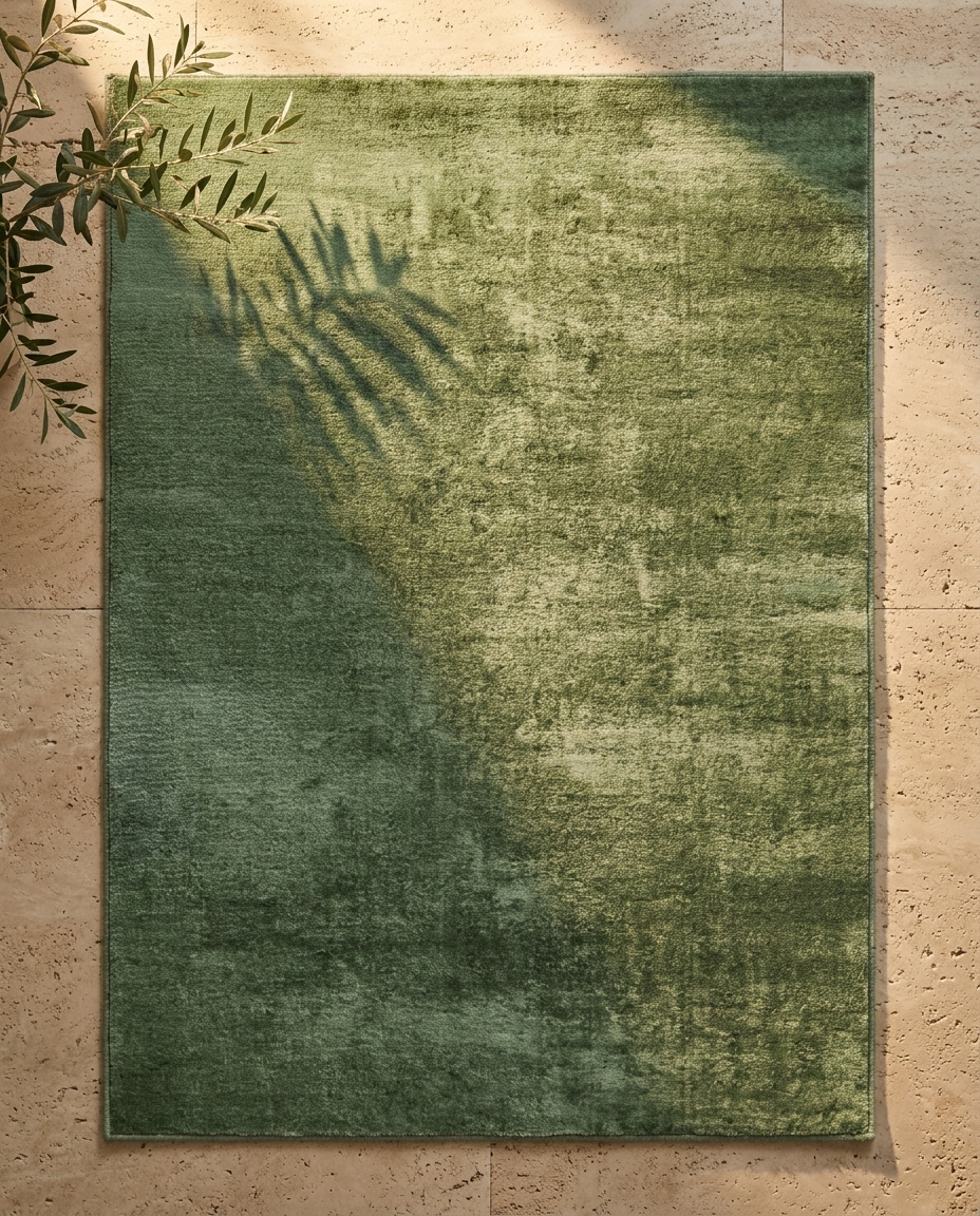 Gloss Liquid Luster Rug in Lichen Glow, styled with leaf shadow on beige tile floor