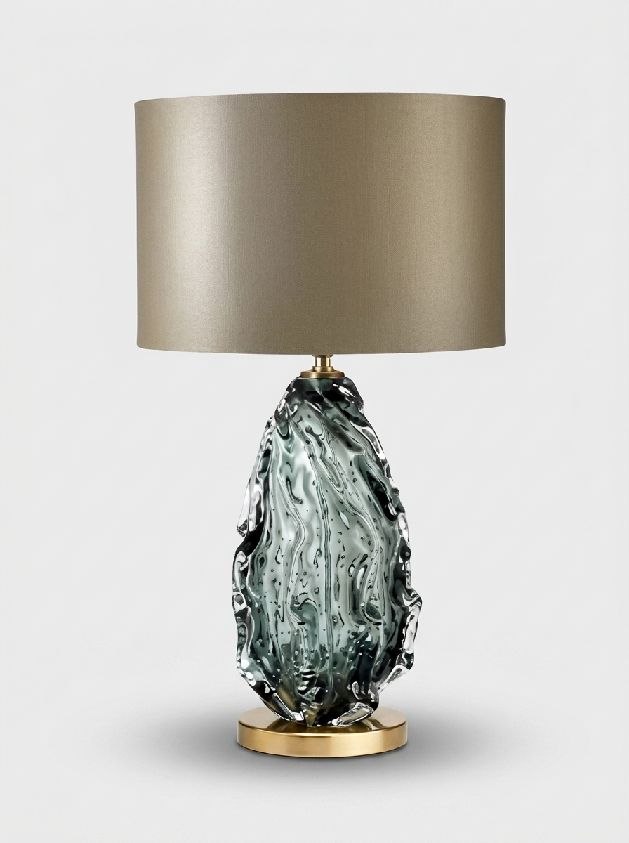 Grono table lamp with green pressed glass base and taupe linen shade