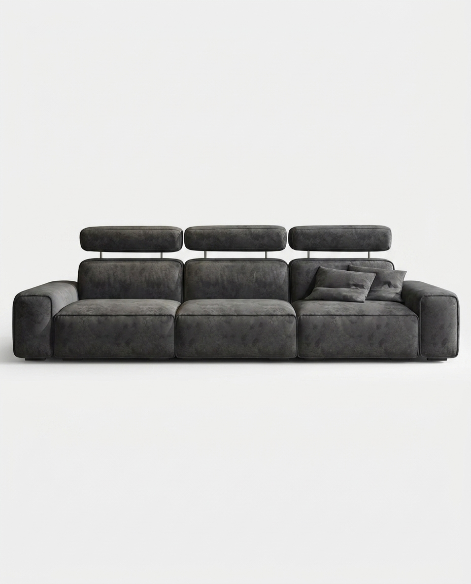 Gusta Sculptural Block Sofa in Obsidian Suede, monolithic block sofa in technical microfiber