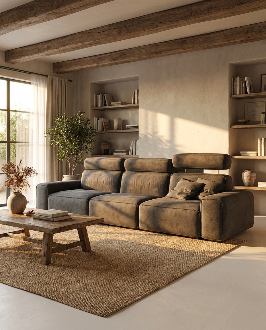 Gusta Sculptural Block Sofa in Obsidian Suede, styled in a modern living room with wooden coffee table