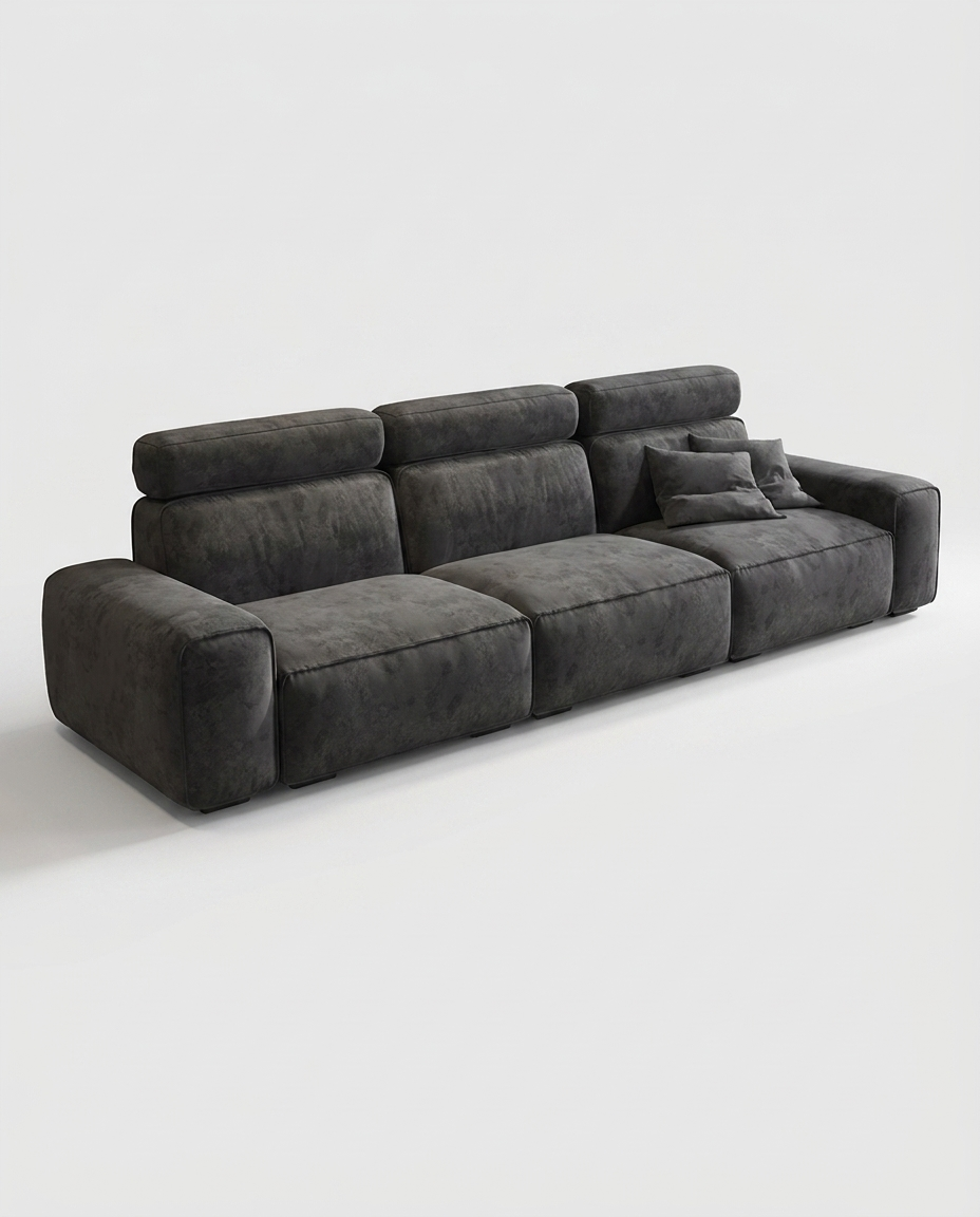 Gusta Sculptural Block Sofa in Obsidian Suede, front view