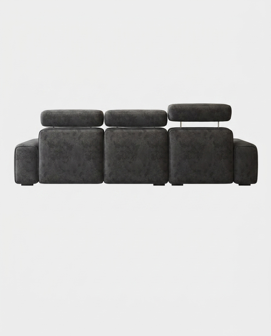 Gusta Sculptural Block Sofa in Obsidian Suede, angled view of block silhouette