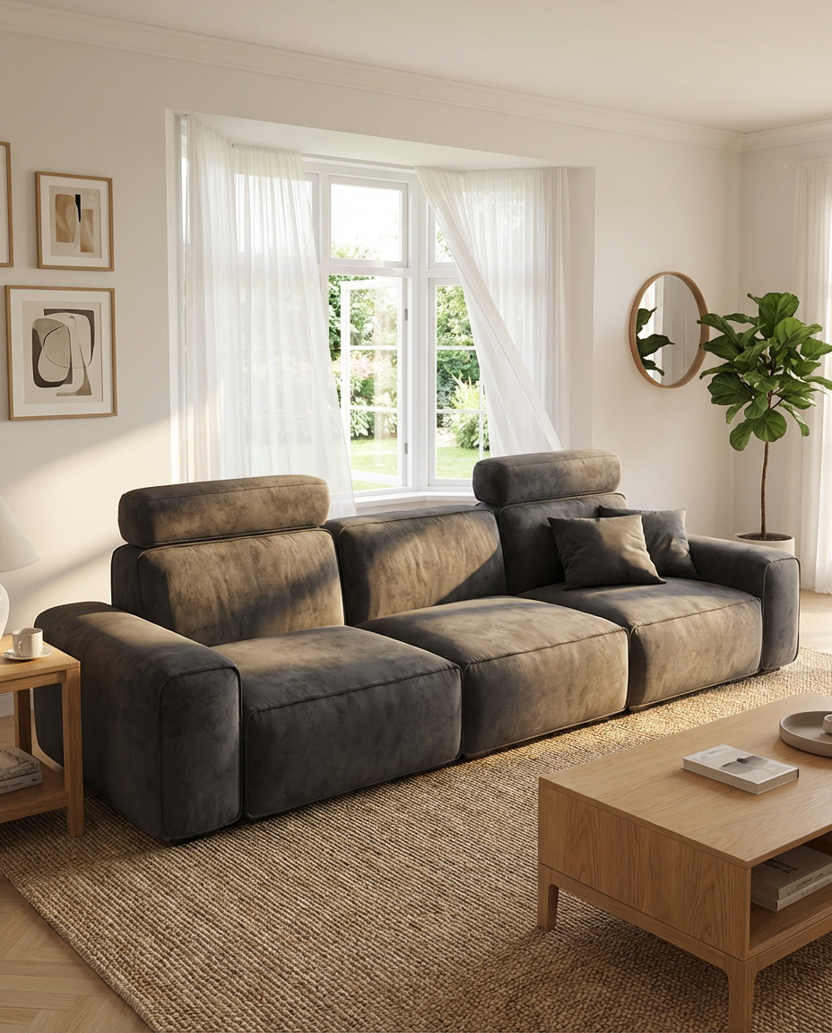 Gusta Sculptural Block Sofa in Obsidian Suede, styled in a living room with coffee table