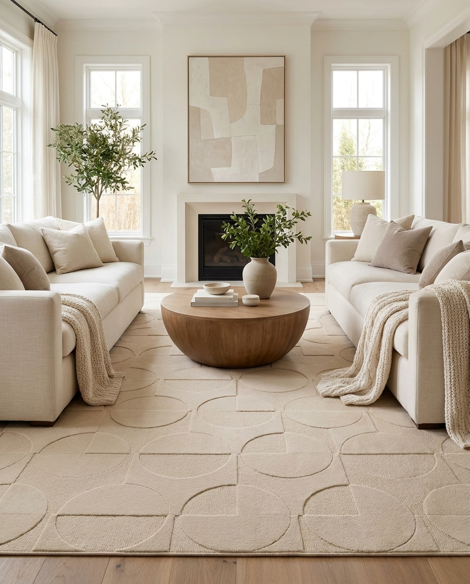 Halo Carved Geometric Rug in Warm Alabaster, styled in a modern living room with neutrals