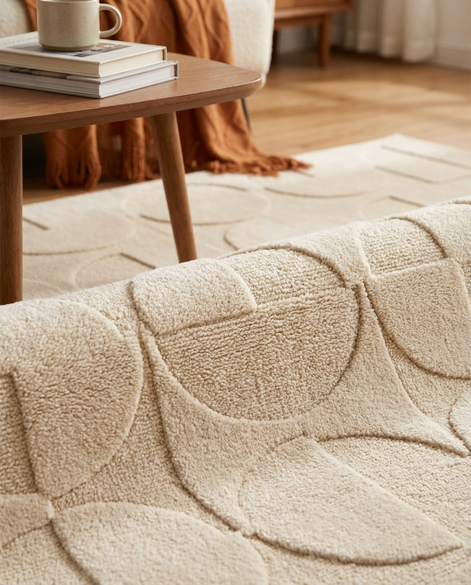 Halo Carved Geometric Rug in Warm Alabaster, styled with couch and wooden table