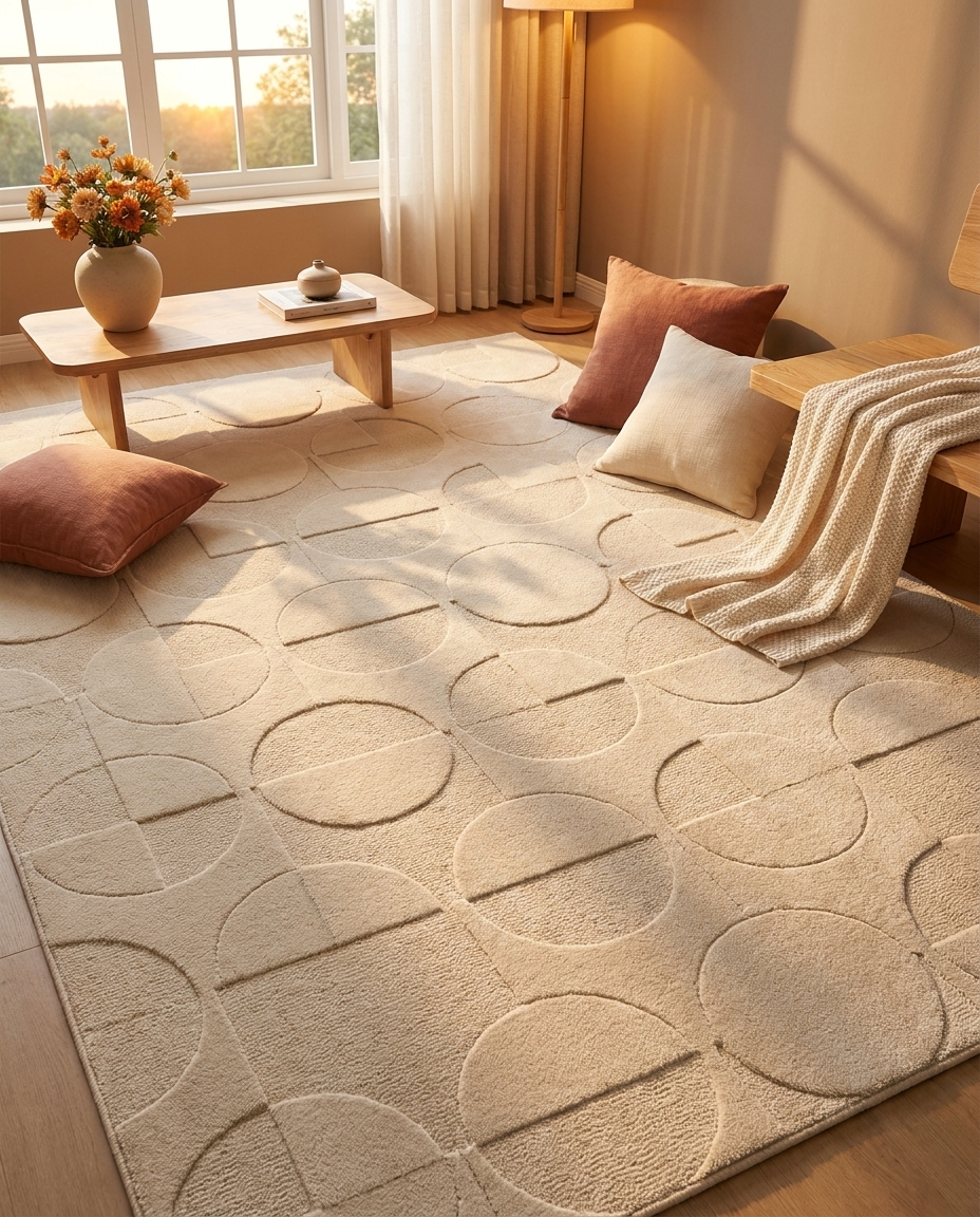 Halo Carved Geometric Rug in Warm Alabaster, styled with pillows and small floral table
