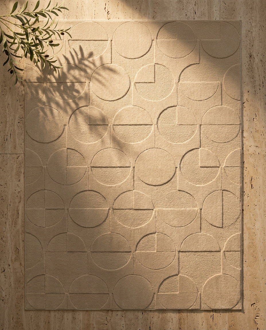 Halo Carved Geometric Rug in Warm Alabaster, wall-mounted geometric pattern