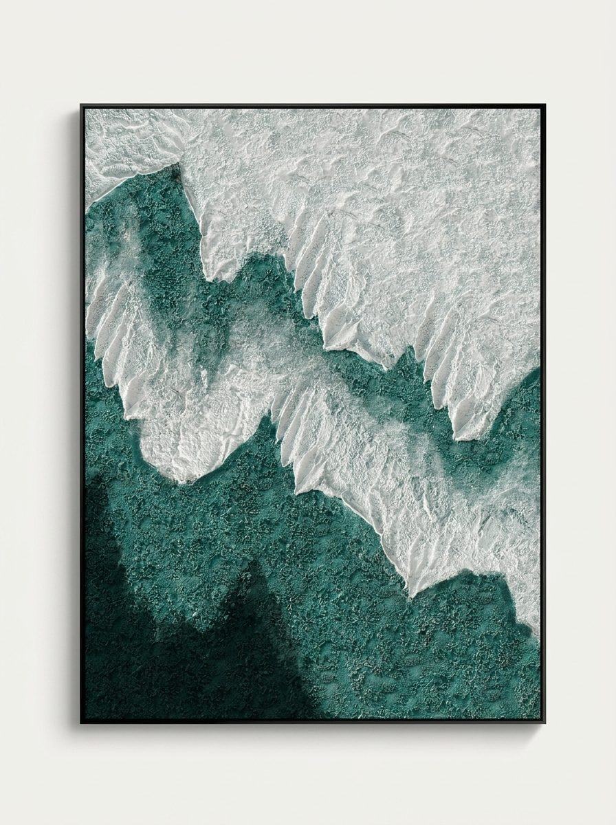 Havet Ocean Canvas, hand-painted oil artwork with textured white waves and matte black frame