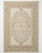Decorative beige and brown area rug with intricate patterns on a white background