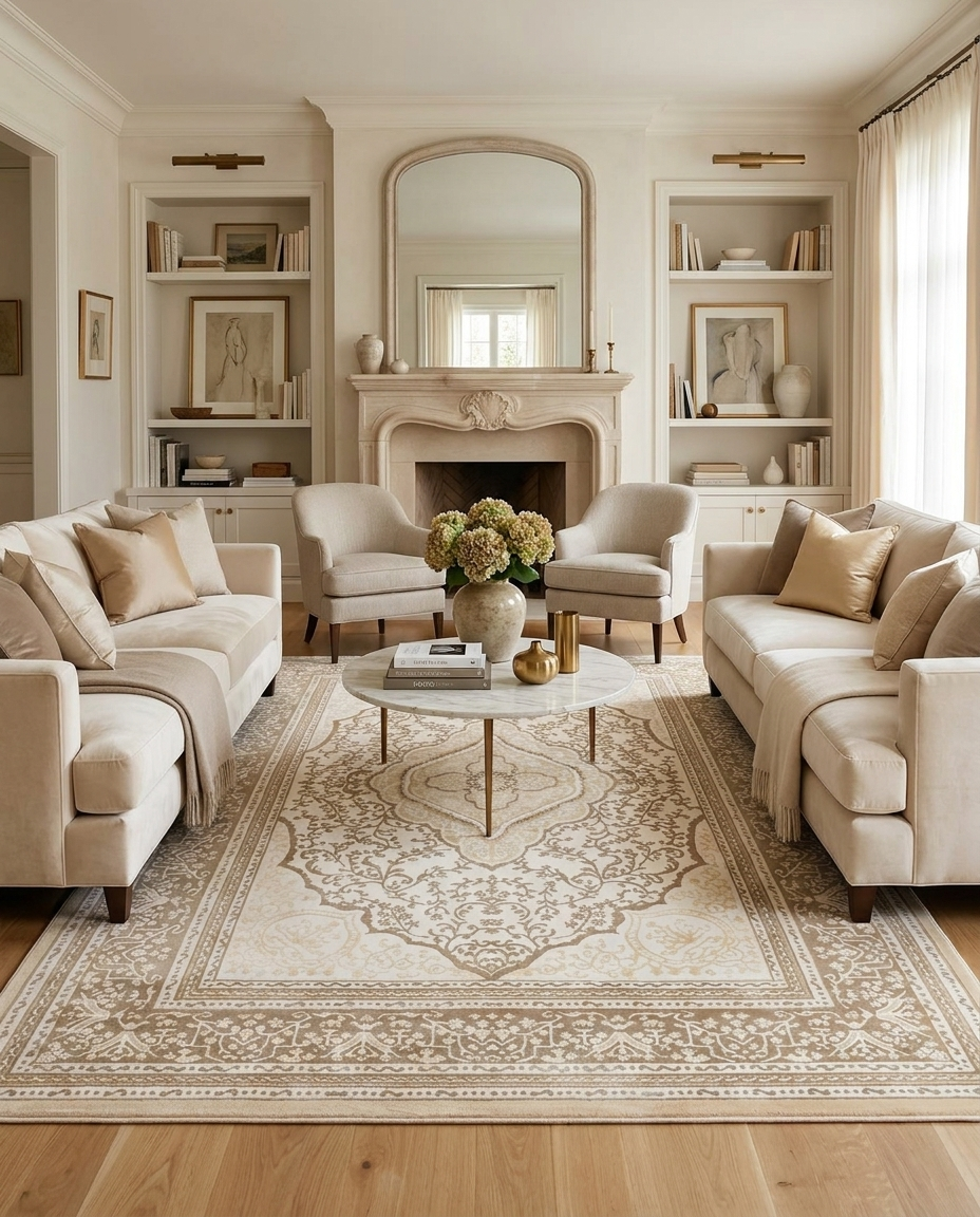 Hedda Sculptural Relief Rug in Desert Ash, styled in a living room with beige sofas