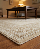 Patterned beige rug on a wooden floor with a blurred living room background